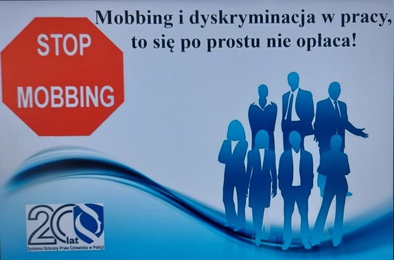 Czerwony trapez z napisem stop mobbing! Na niebieskim tle postaci ludzi i napis mobbing i dyskryminacja w pracy to się po prostu nie opłaca!
